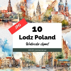Acuarela Lodz Polonia clipart, 10 JPG de alta calidad, Uso comercial, Descarga instantánea, Fabricación de tarjetas, Tarjeta de felicitación, Postales, viajes, viaje