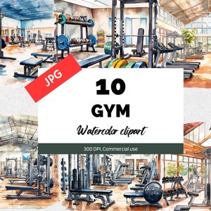 Clipart de gym aquarelle, 10 JPG de haute qualité, Utilisation commerciale, Téléchargement instantané, Fitness, Exercice, Perdre du poids, Mode de vie sain, Tapis roulant