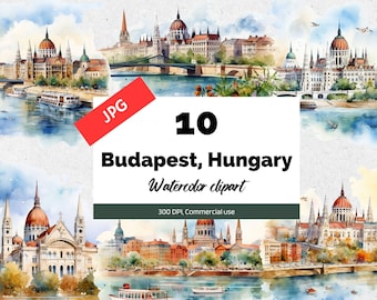 Watercolor Budapest Hungary Clipart, 10 High quality JPGs, Commercial use, Instant download, Card making, Greeting cards, Travel, Vacation