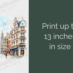 May include: Watercolor painting of a European city street scene with tall buildings, a cobblestone street, and people walking. The painting is in a muted color palette with shades of blue, gray, and brown. The text "Print up to 13 inches in size" is visible on the right side of the image.