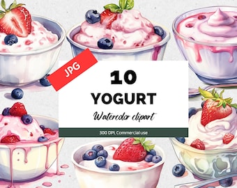 Watercolor yogurt clipart, 10 High quality JPGs, Commercial use, Instant download, Fruits, Breakfast, Desserts, Nutrition, Recipes cookbook