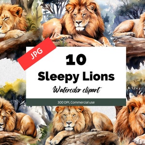 Watercolor sleepy lions clipart, 10 High quality JPGs, Scrapbook images, Nursery wall art, Digital paper craft, Card making, Commercial use