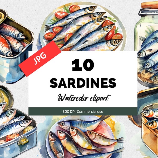 Watercolor sardines clipart, 10 High quality JPGs, Commercial use, Instant download, Food clipart, Fishing clipart, Seafood, Canned fishes