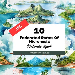 Puede incluir: Clipart de acuarela de 10 islas en los Estados Federados de Micronesia. Las islas se representan con una exuberante vegetación verde, agua azul y playas de arena blanca. La imagen está etiquetada como "10 Estados Federados de Micronesia Clipart de acuarela 300 DPI, Uso comercial".