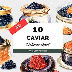 Caviar clipart, 10 High quality JPGs, Commercial use, Instant download, Luxury caviar, Black caviar, Red caviar, Watercolor food, Restaurant