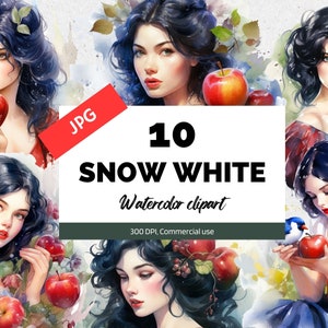 Aquarel Sneeuwwitje clipart, 10 JPG's van hoge kwaliteit, Commercieel gebruik, Instant download, Fantasy prinses, Halloween, Sprookje, Kinderen, Meisjes