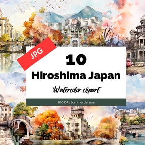 Clipart de Hiroshima Japão, 10 JPGs de alta qualidade, uso comercial, download instantâneo, Ásia, cultura asiática, viagens, férias, feriados, cartões postais