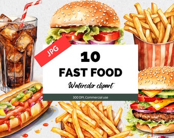 Clipart fast food ad acquerello, 10 JPG di alta qualità, Uso commerciale, Download istantaneo, Hamburger, Patatine fritte, Coca-Cola, Grafica hot dog