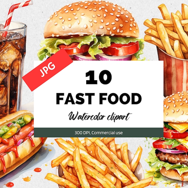 Watercolor fast food clipart, 10 High quality JPGs, Commercial use, Instant download, Hamburger, French fries, Coke, Hot dogs graphics