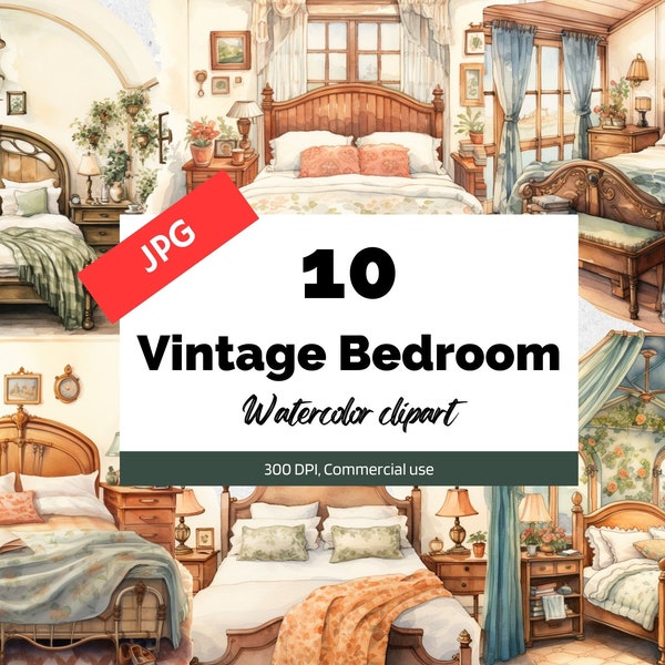 Vintage bedroom clipart, 10 High quality JPG, Commercial use, Instant download, Room, Bed, Comfy, Watercolor Vintage, Card making, Scrapbook