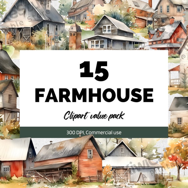 Watercolor Farmhouse Clipart, Country side farm house, Barns and silos, Farm clip art, Commercial License Digital File Instant Download