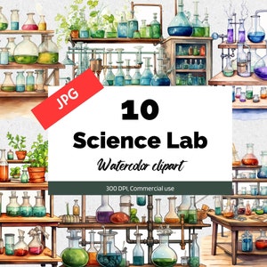Clipart de laboratório de ciências em aquarela, 10 JPGs de alta qualidade, uso comercial, download instantâneo, escola, cientista, laboratório, química, bioquímica
