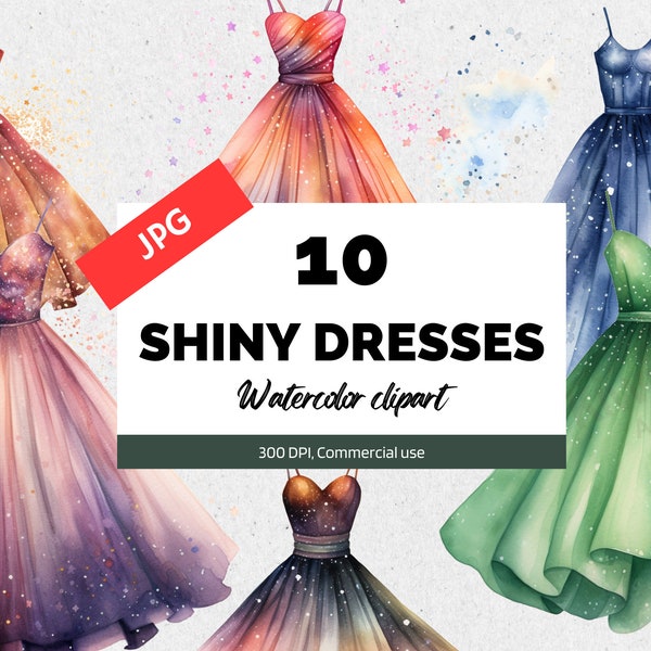 Watercolor shiny dresses clipart, JPGs, Prom gown clip art graphics, Commercial use, Instant download, Card making, Prom party invitation