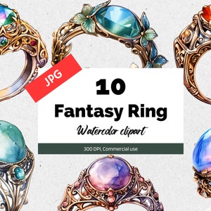 May include: Ten watercolor illustrations of fantasy rings with intricate designs and colorful gemstones. The rings feature a variety of styles, including floral, geometric, and ornate.