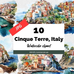 Cinque Terre Italy Clipart, 10 High quality JPG, Commercial use, Instant download, Seaside town, Italian village, Ocean, Greeting cards, Sea