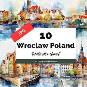 Clipart de aquarela Wroclaw Polônia, 10 JPGs de alta qualidade, uso comercial, download instantâneo, criação de cartões, cartões comemorativos, cartões postais, viagens