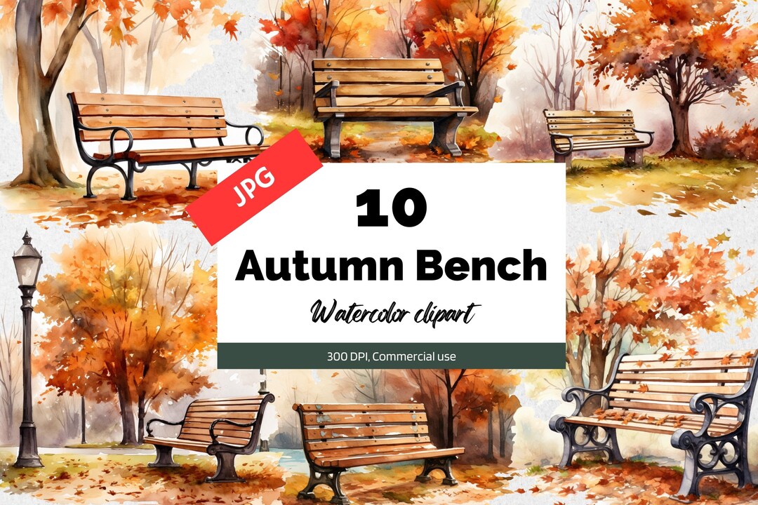 Watercolor Autumn Bench Clipart, 10 High Quality Jpgs, Commercial Use ...