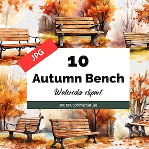 Watercolor autumn bench clipart,  10 High quality JPGs, Commercial use, Instant download, Fall graphics, Benches, Autumn trees, Park, Nature