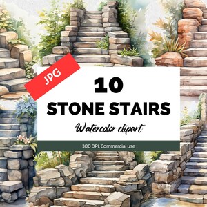 Akvarell stentrappa clipart, 10 högkvalitativa JPG, kommersiellt bruk, direkt nedladdning, trädgård, älvtrappor, naturskön sommar, vårscen