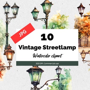 Aquarel vintage straatlantaarn, 10 hoge kwaliteit JPG's, Commercieel gebruik, Instant download, Kaart maken, Retro illustraties, natuur, parken, bomen