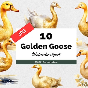 Clipart de ganso dourado em aquarela, 10 JPG de alta qualidade, uso comercial, download instantâneo, gansos, ovo de ouro, João e o pé de feijão, conto de fadas