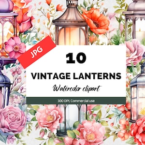 Watercolor vintage lantern clipart, 10 High quality JPGs, Commercial use, Instant download, Scrapbook images, Digital paper craft, Postcard
