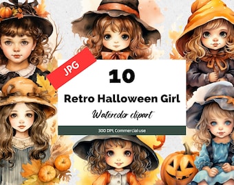 Retro Halloween girl clipart, 10 High quality JPG, Commercial use, Instant download, Halloween vintage, Trick or treat, Little girl, Pumpkin