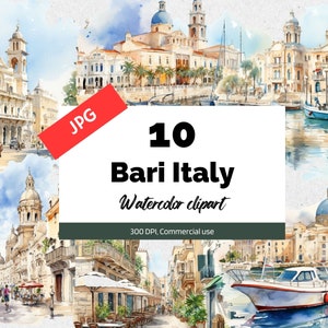 Può includere: Un set di 10 illustrazioni ad acquerello di Bari, Italia. Le illustrazioni ritraggono diverse scene della città, tra cui edifici, strade e barche. Le illustrazioni sono in una palette di colori morbidi e tenui e hanno un'atmosfera vintage.