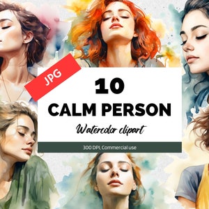 Acuarela persona tranquila clipart, 10 JPG de alta calidad, Uso comercial, Descarga instantánea, Paz, Meditación, Mediación, Tranquilidad, Felicidad, Chica