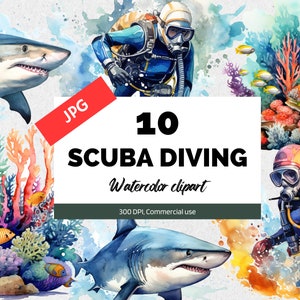 Scuba diving theme clipart, 10 High quality JPGs, Commercial use, Instant download, Scuba diver, Shark, Coral reef, Summer vacation, Card