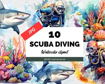 Scuba diving theme clipart, 10 High quality JPGs, Commercial use, Instant download, Scuba diver, Shark, Coral reef, Summer vacation, Card