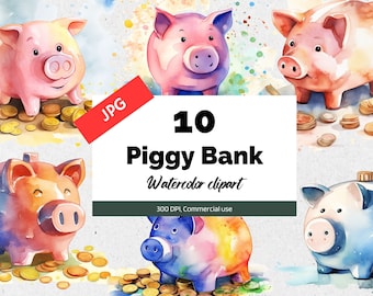 Watercolor piggy bank clipart, 10 High quality JPGs, Commercial use, Instant download, Savings and spending, Finance, Money, Coins, Kids