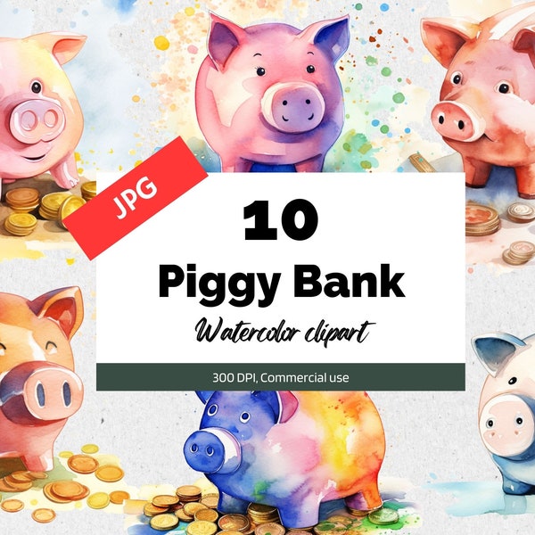 Watercolor piggy bank clipart, 10 High quality JPGs, Commercial use, Instant download, Savings and spending, Finance, Money, Coins, Kids