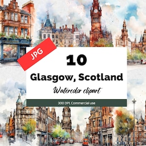 Clipart Glasgow Scotland, 10 JPG di alta qualità, Uso commerciale, Download istantaneo, viaggi, vacanze, vacanze, biglietti d'auguri, creazione di cartoline