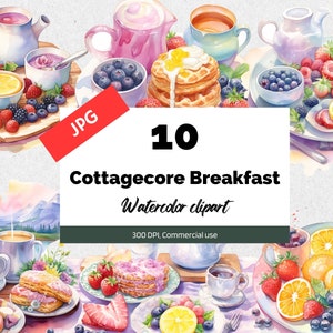 Cottagecore breakfast clipart, 10 High quality JPG, Commercial use, Instant download, Desserts clip art, Fruits, Picnic, Waffle, Tea, Coffee