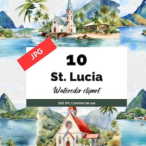 Aquarell St. Lucia Clipart, 10 hochwertige JPGs, kommerzielle Nutzung, Sofortiger Download, Karibik, Tropische Insel, Kirche, Berg, Natur