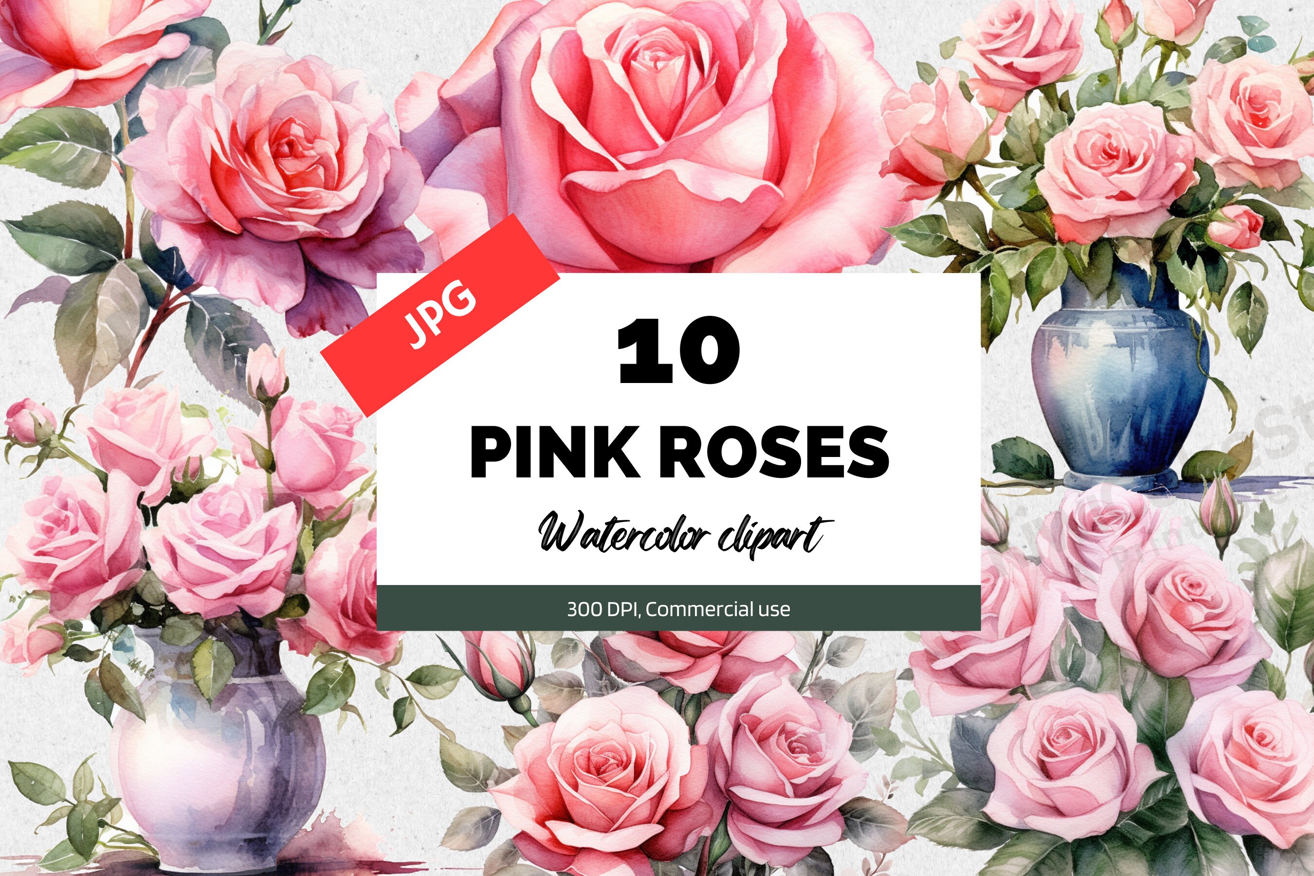10 Watercolor Pink Roses Clipart JPG, Pink Flower and Leaves, Card ...