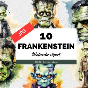 Watercolor Frankenstein clipart, 10 High quality JPG, Commercial use, Instant download, Halloween graphics, Monsters clip art, Scary, Spooky