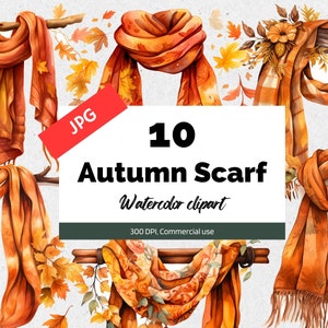 Autumn scarf clipart, 10 High quality JPG, Commercial use, Instant download, Maple leaves, Autumn illustration, Fall graphics, Fashion decor