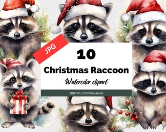Imágenes prediseñadas de mapache de Navidad, 10 JPG de alta calidad, Uso comercial, Descarga instantánea, Animales lindos, Temporada de Navidad, Regalos de Navidad, Manualidades
