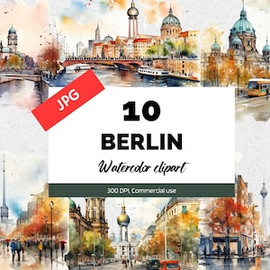 Watercolor Berlin Germany clipart, 10 High quality JPGs, Commercial use, Instant download, Germany, Travel, Vacation, Greeting card craft
