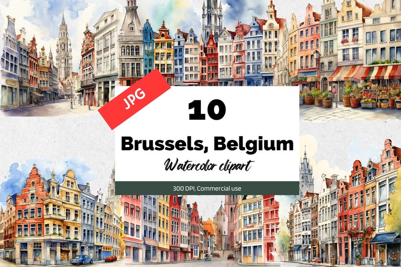 May include: A set of 10 watercolor illustrations of buildings in Brussels, Belgium. The illustrations are in a realistic style and feature a variety of architectural details. The buildings are painted in a variety of colors, including red, yellow, blue, and green. The illustrations are perfect for use in scrapbooking, card making, and other craft projects.