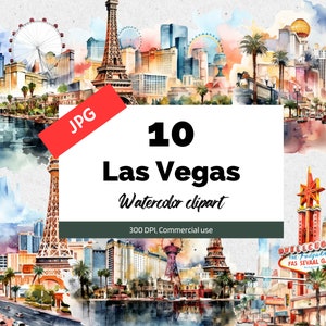 10 Clipart acquerello Las Vegas, 10 JPG di alta qualità, Uso commerciale, Download istantaneo, Illustrazione di Las Vegas, Clipart vacanza, Viaggio estivo