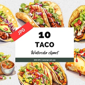 Watercolor taco clipart, 10 High quality JPGs, Commercial use, Instant download, Mexican Fiesta Party, First Fiesta, Truck food, Mexico