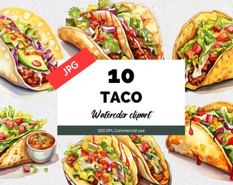 Watercolor taco clipart, 10 High quality JPGs, Commercial use, Instant download, Mexican Fiesta Party, First Fiesta, Truck food, Mexico
