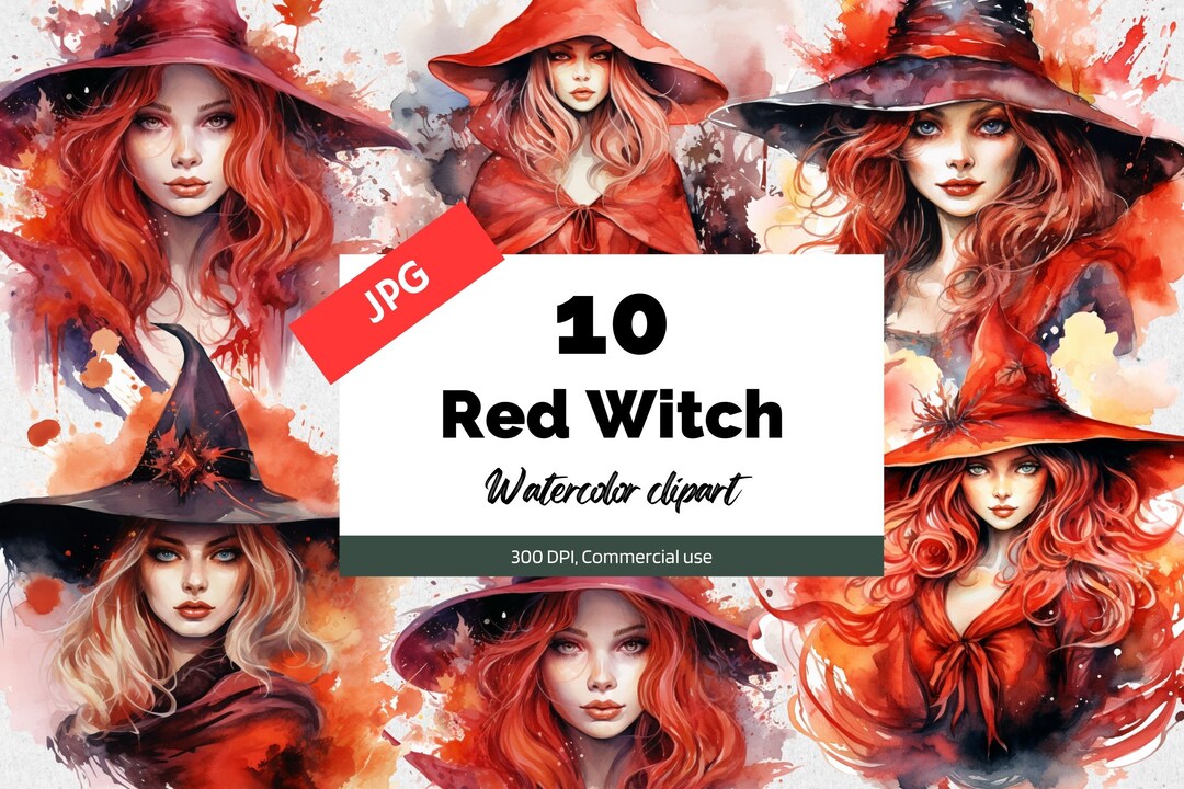 Watercolor Red Witch Clipart, 10 High Quality Jpgs, Commercial Use ...