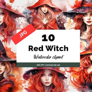 Watercolor red witch clipart, 10 High quality JPGs, Commercial use, Instant download, Card making, Mixed media, Paper craft, Halloween arts