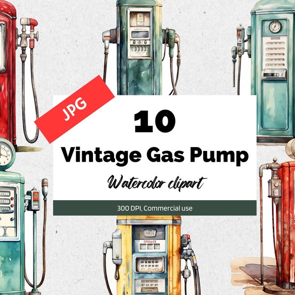 Watercolor gas pump clipart, 10 High quality JPGs, Commercial use, Instant download, Card making, Road trips, Driving, Vintage, Retro, USA