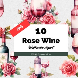 Acquerello rose wine clipart JPG, Grafica celebrazione del vino, Uso commerciale, Download istantaneo, Vigneto, Italia, Vacanze in Francia, Creazione di carte
