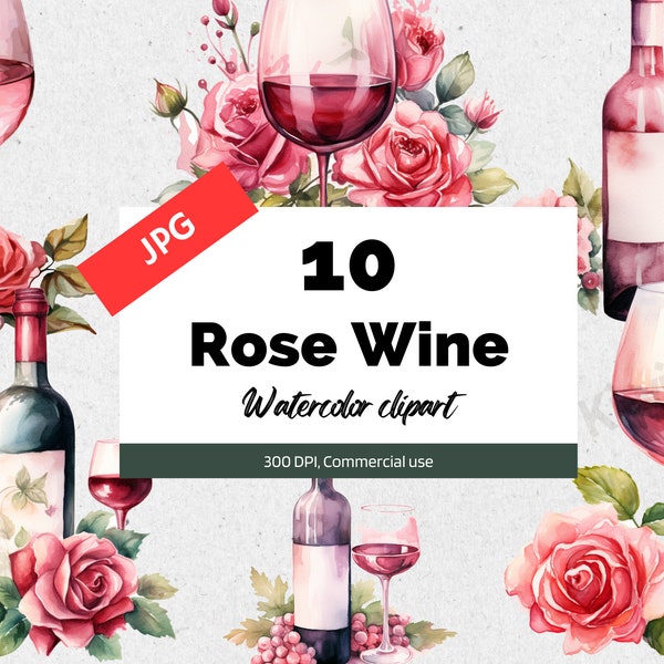 Watercolor rose wine clipart JPG, Wine celebration graphics, Commercial use, Instant download, Vineyard, Italy, France Vacation, Card making